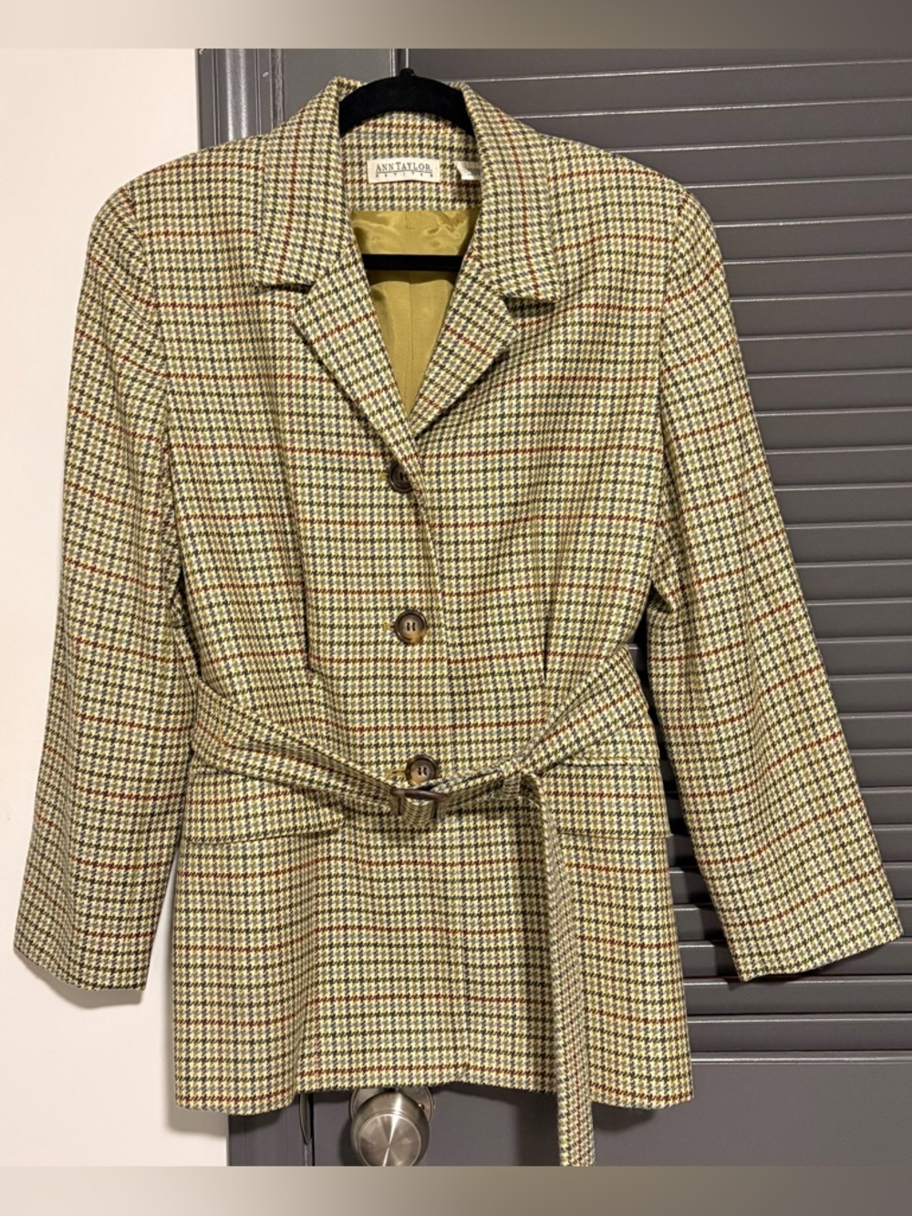 Vintage Ann Taylor Olive & Cream Houndstooth Wool Blazer - Picture 1 of 4